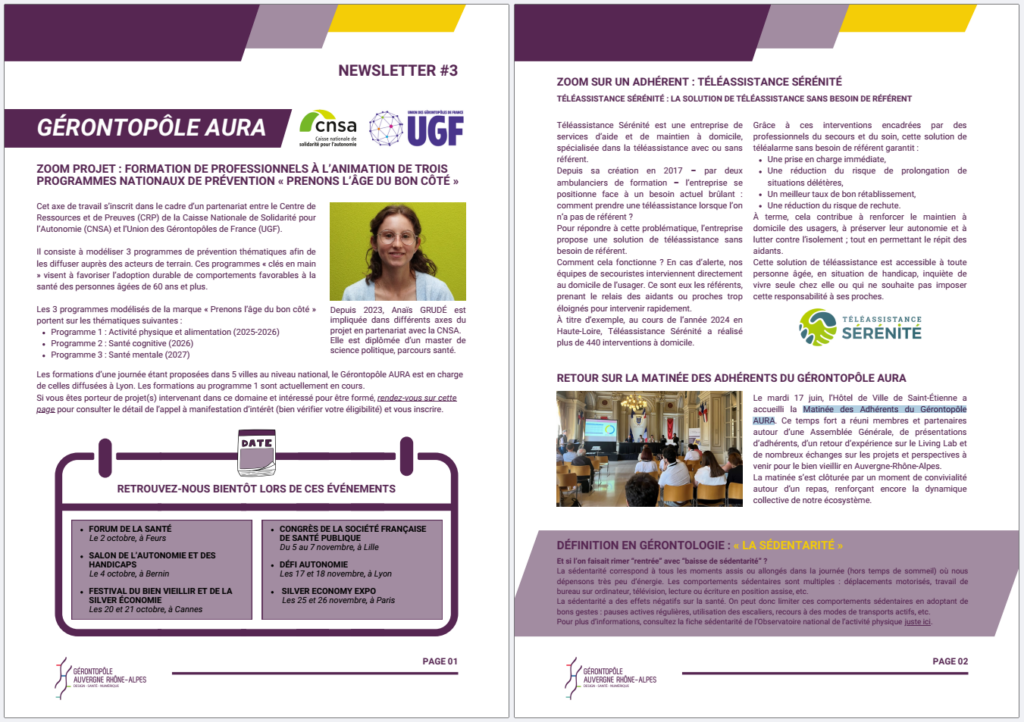 Découvrez dès maintenant la troisième Newsletter du Gérontopôle AURA, conçue pour vous apporter une information claire et utile !